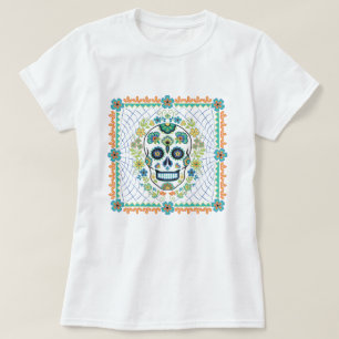 T-shirt Crâne à sucre mexicain avec fleurs d'Aqua