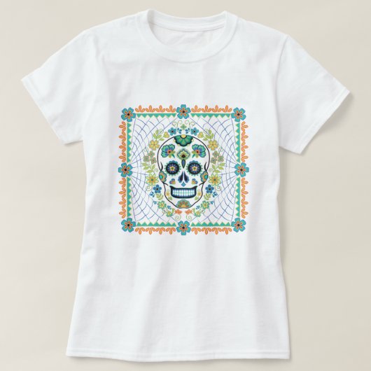 T-shirt Crâne à sucre mexicain avec fleurs d'Aqua (Design devant)