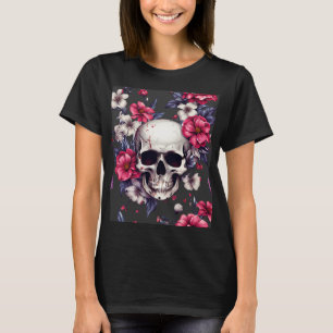 T-shirt Crâne aux fleurs rouges