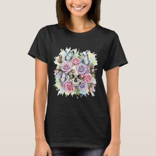 T-shirt Crâne aux roses roses et papillons roses