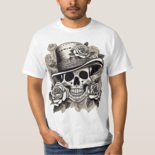 T-shirt Crâne avec Rose en Casquette - Art Floral gothique