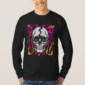 T-shirt Crâne blanc avec graphisme de flammes roses et ora