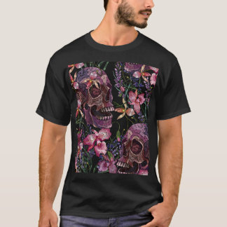 T-shirt Crâne brodé : Motif gothique de l'orchidée