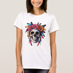 T-shirt Crâne coloré Boho avec fleurs et fleurs