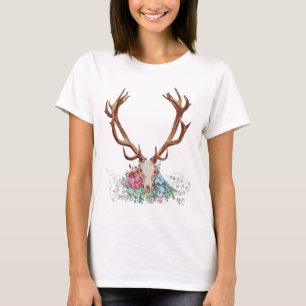 T-shirt Crâne de cerfs communs avec les fleurs 2