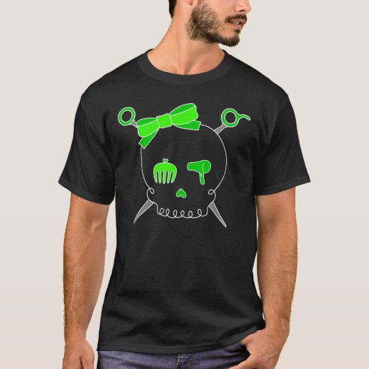 T-shirt Crâne de cheveux et ciseaux accessoires (vert de (Devant)