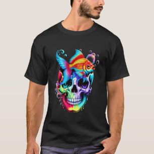 T-shirt Crâne De Poisson Rouge Psychédélique Bulles Aquari