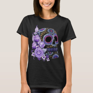 T-shirt Crâne de sucre noir violet Floral Jour des morts