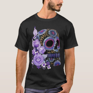T-shirt Crâne de sucre noir violet Floral Jour des morts