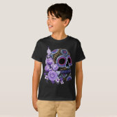 T-shirt Crâne de sucre noir violet Floral Jour des morts (Devant entier)