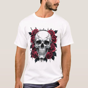 T-shirt Crâne et art gothique Rose Squelette floral fonc