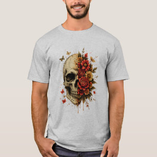 T-shirt Crâne Floral Art Gothique Crâne Vintage avec des