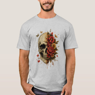 T-shirt Crâne Floral Art Gothique | Crâne Vintage avec des