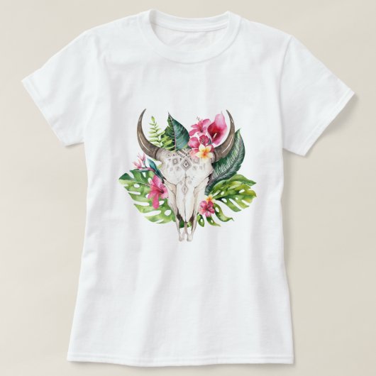 T-shirt Crâne Floral Boho Sarcelle Paradis Tropical Île (Design devant)