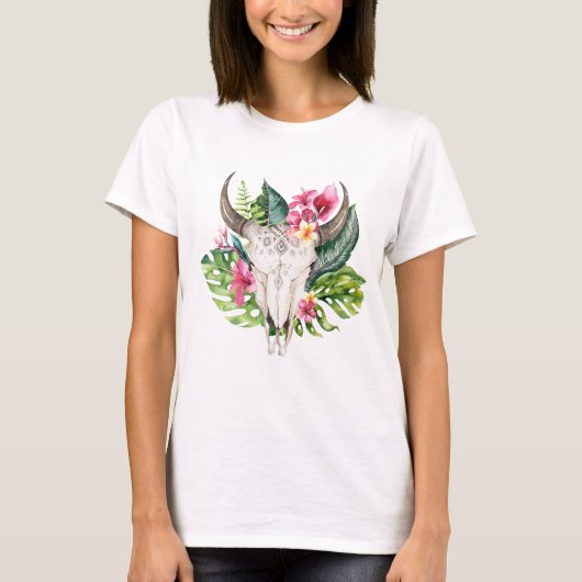 T-shirt Crâne Floral Boho Sarcelle Paradis Tropical Île (Devant)