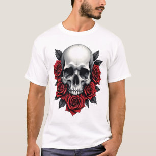 T-shirt Crâne gothique et roses rouges foncé
