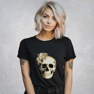 T-shirt Crâne gothique Roses blanches Noir