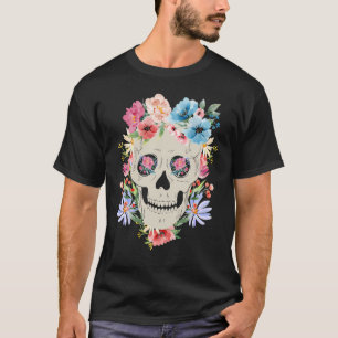 T-shirt Crâne Mexicain avec Fleurs pour le Jour des Morts