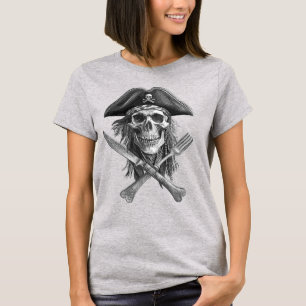 T-shirt Crâne pirate noir et blanc avec ustensiles pour Li