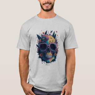 T-shirt Crâne Sucre Avec Verres Et Fleurs