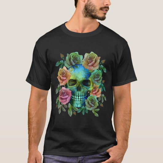 T-SHIRT CRÂNE VERT DE LA MORT AVEC FLEURS (Devant)