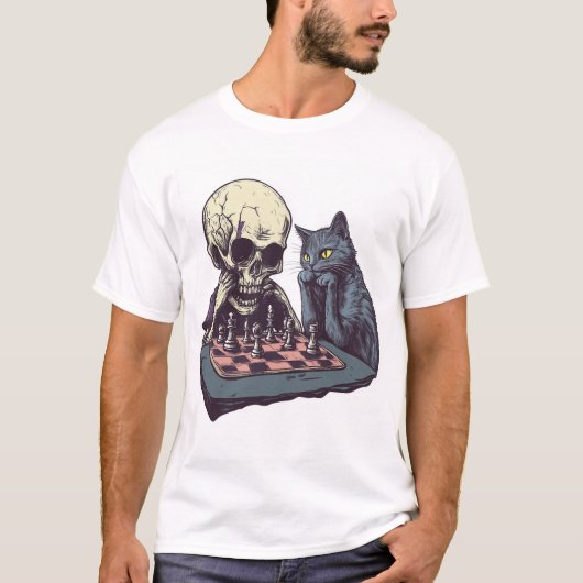 T-shirt Crâne vs Chat � Bataille d'Échecs Drôle (Devant)