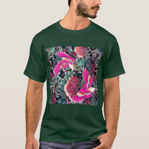 T-shirt CRANES DE VOL, VAGUES, FLEURS Rose Japonais Floral