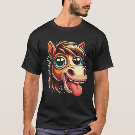 T-shirt Crazy Cartoon Cheval Visage Drôle Goofy Tongue Out (Devant)