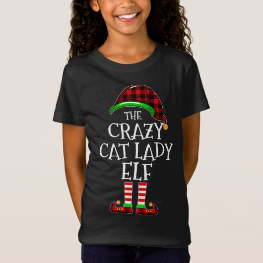 T-Shirt Crazy Cat Lady Elf Buffalo Plaid Matching Famille  (Devant)