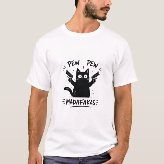 T-shirt Création drôle de chat noir Pew Pew (Devant)
