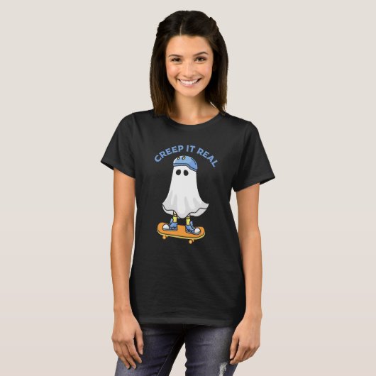 T-shirt Creep it Real Ghost Skateboard Retro Cute Hallowee (Devant entier)
