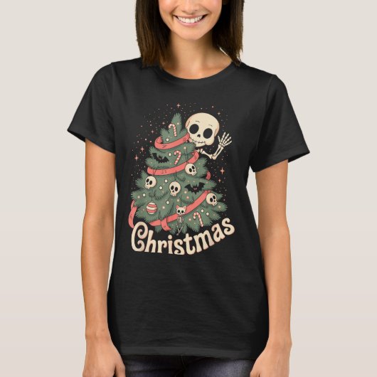 T-shirt Creepy Cute Kawaii Skeleton Christmas Tree Skull B (Devant)