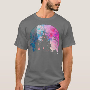 T-shirt Creepy Haunted House & Spooky Watercolor Full Moon