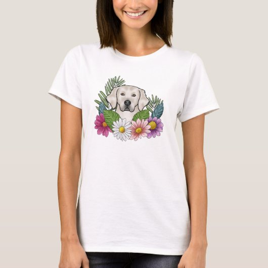 T-shirt Crème Golden Retriever Head Avec Fleurs Colorées (Devant)
