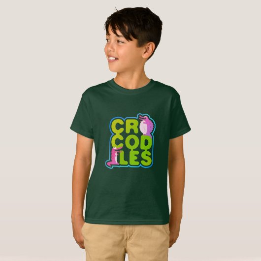 T-shirt Crocodiles avec deux crocs heureux - lettres verte (Devant entier)