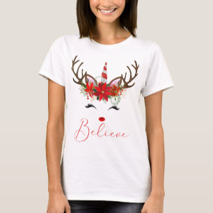 T-shirt Croire Rouge & Blanc Poinsettia Reindeer Unicorn