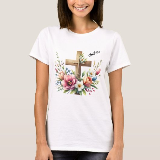 T-shirt Croix chrétienne avec arrangement floral dynamique (Devant)