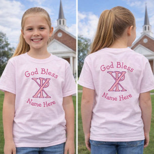 T-shirt Croix chrétienne rose Chi Ro Nom Dieu bénisse les
