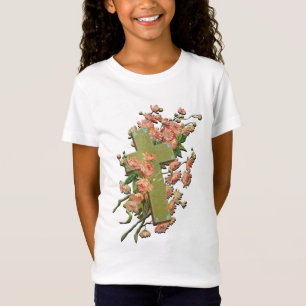 T-Shirt Croix de Pâques avec Fleurs roses Chemise Filles b
