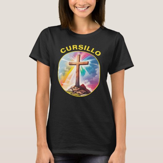 T-shirt Croix en bois Cursillo avec arc-en-ciel et nuages (Devant)