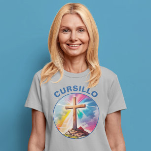 T-shirt Croix en bois Cursillo avec arc-en-ciel et nuages