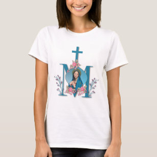 T-shirt Croix mariale catholique Vierge Marie Roses roses 