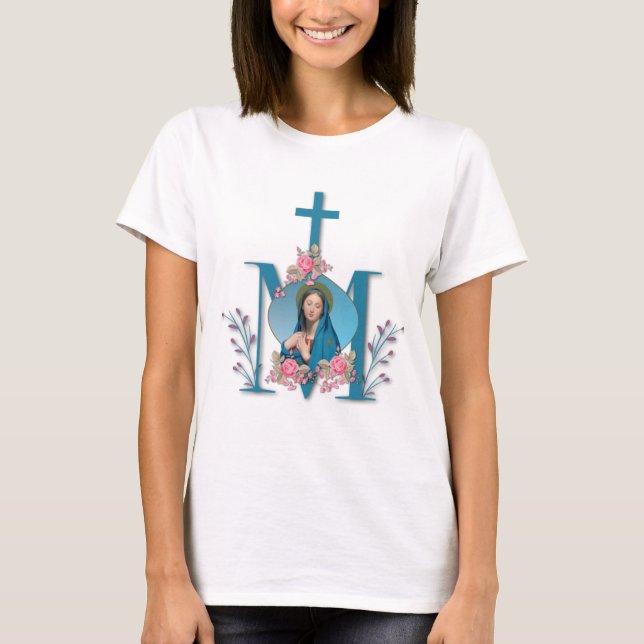 T-shirt Croix mariale catholique Vierge Marie Roses roses  (Devant)