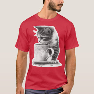 T-shirt Croquis de chat mignon avec café pour tous les cha