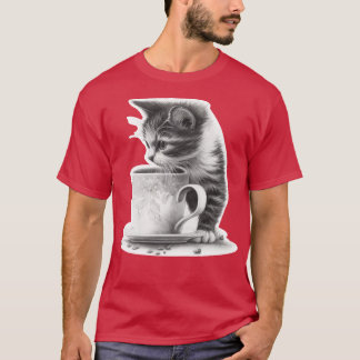T-shirt Croquis de chat mignon avec café pour tous les cha