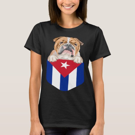 T-shirt Cuba Flag Bulldog Dog In Pocket (Devant)