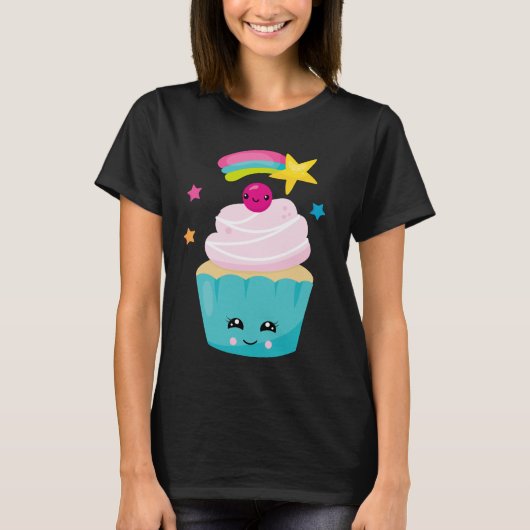 T-shirt Cupcake bleu mignon avec visage Kawaii (Devant)