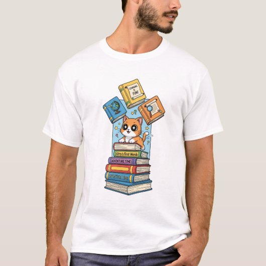 T-shirt Curious Bookworm Kitten Illustration (Devant)