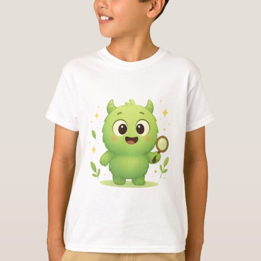 T-shirt Curious Explorer Monster — Cute Green Kids Shirt (Devant)