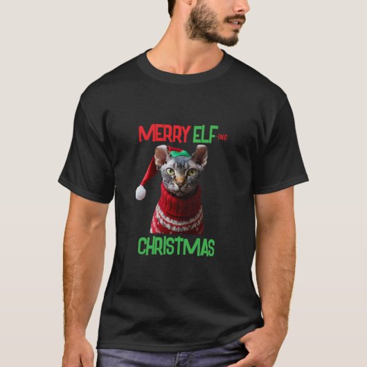 T-shirt Custom Funny Elf Sphynx Swear Chat Noël Homme (Devant)